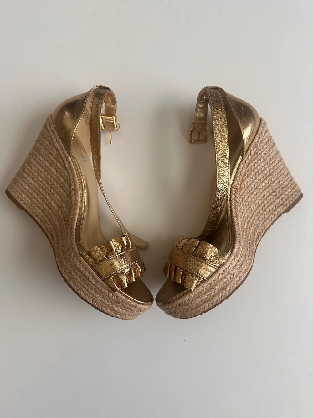 Michael Kors Metallic Gold Espadrille Wedge Sandals with Ankle Strap
